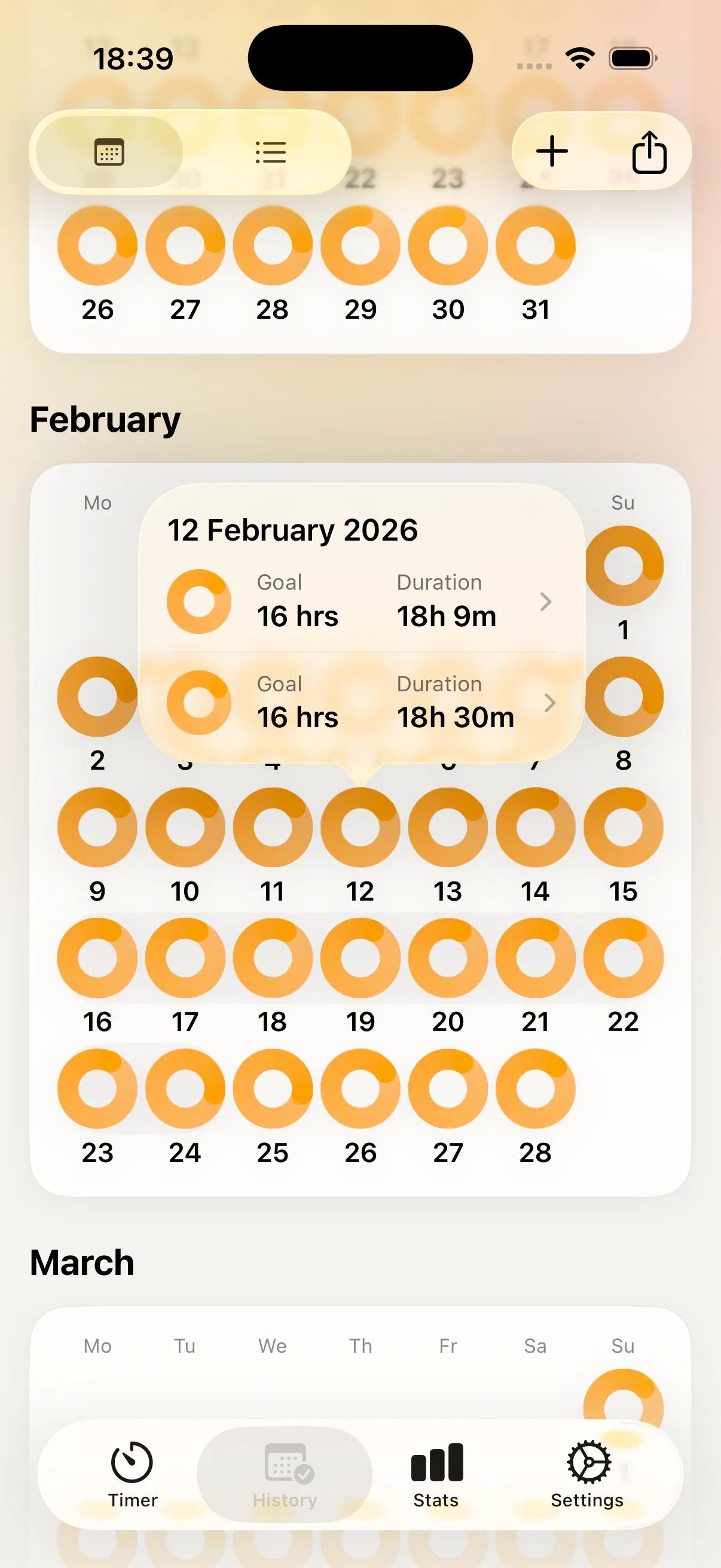 History calendar of completed fasts with a day detail popover